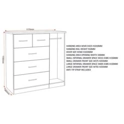 Nevada Small Single 5 Drawer Wardrobe -Furniture Sale Store 30694090 alt09